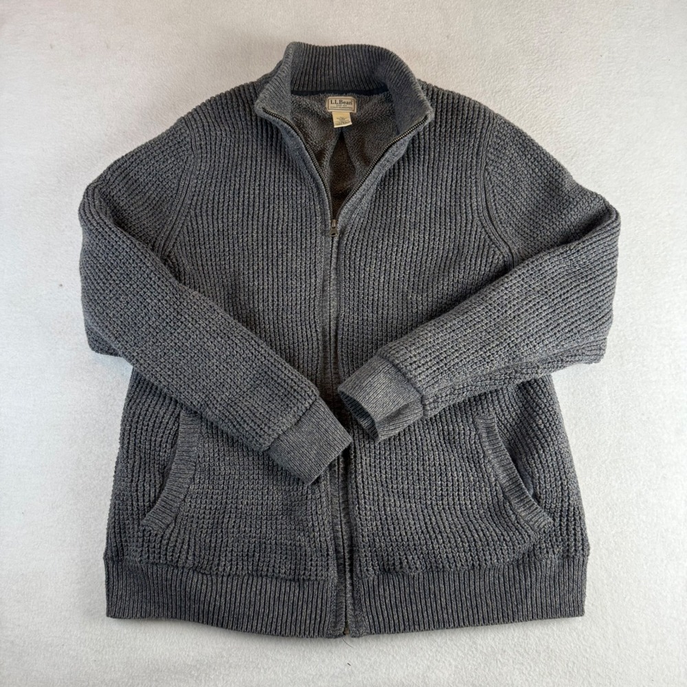 LL Bean Mens Full Zip Fleece Lined Cardigan Sweater Charcoal Gray Large Tall